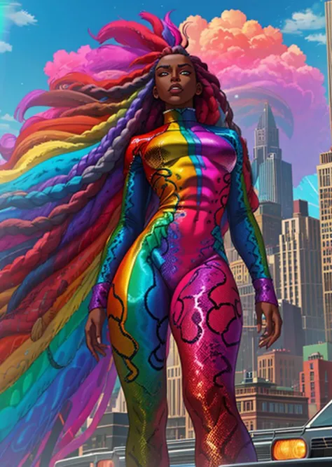 a woman in a colorful bodysuit standing in front of a city