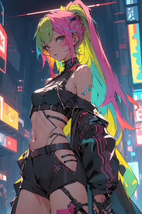 (masterpiece, best quality, high quality, highres, ultra-detailed),  cyber sttyle girl, 1girl,  solo, in nightclub ,bar, bare shoulders, mecha, cyberpunk,  BREAK, rainbow hair,(long hair)