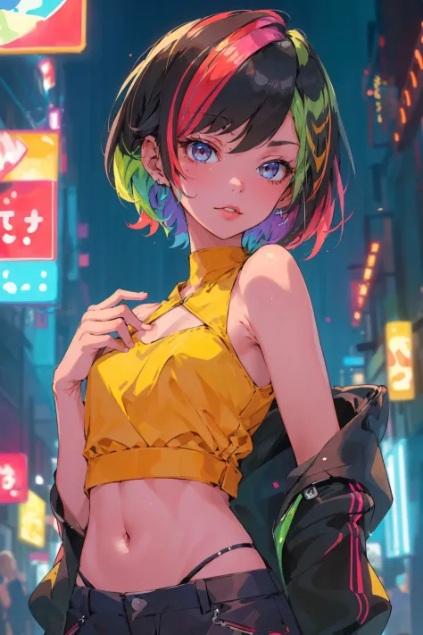 (masterpiece, best quality, high quality, highres, ultra-detailed),  cyber sttyle girl, 1girl,  solo, short hair, in nightclub ,...