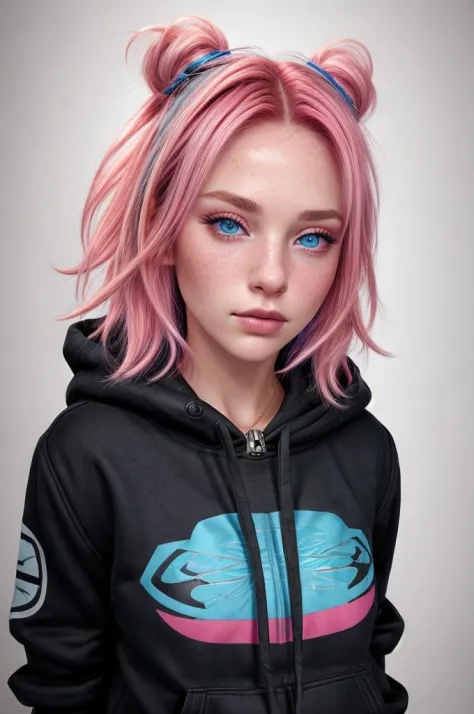 Tori Xvoor, 1girl, solo, looking at viewer, blue eyes, simple background, upper body, jewelry, pink hair, parted lips, hood, necklace, lips, hoodie, hood down, black background, portrait, freckles, realistic, <lora:ToriXvoor:0.4>, <lora:add_detail:0.5> <lo...