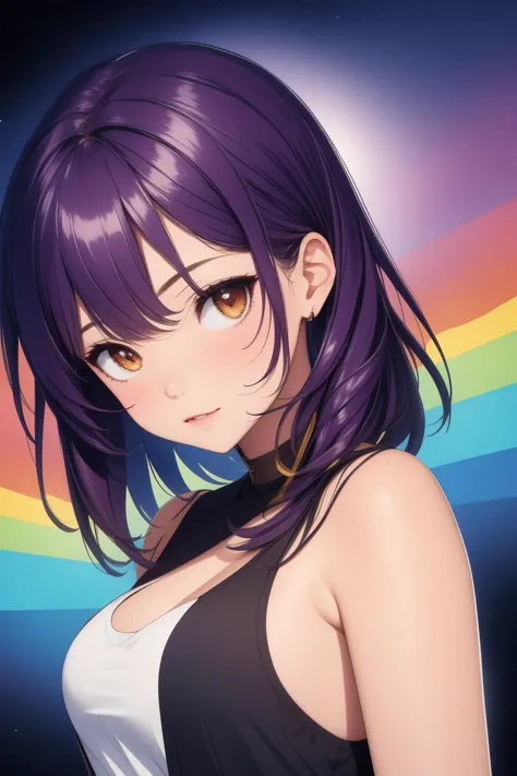 a woman with purple hair and a black top is looking at the camera