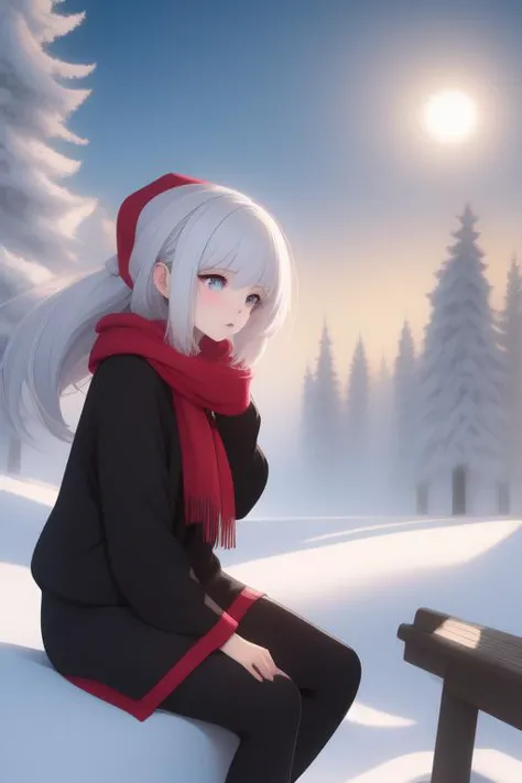 best quality, absurdres,1girl, white hair, silver hair, ahoge, blunt bangs, puffy hair, short hair, messy hair, short, blue eyes, small breasts, flat chest, 1girl, outdoors, snowing, sitting, red scarf, mittens, winter, looking at viewer, smile, solo, snow, red coat, beanie, closed mouth, bench, black pantyhose, long sleeves, city, building, winter clothes, black headwear,