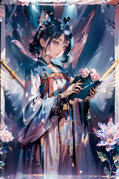 a woman in a kimono dress holding a flower and a book