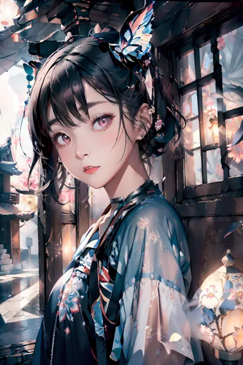 anime girl with butterfly hair and blue dress in front of a window