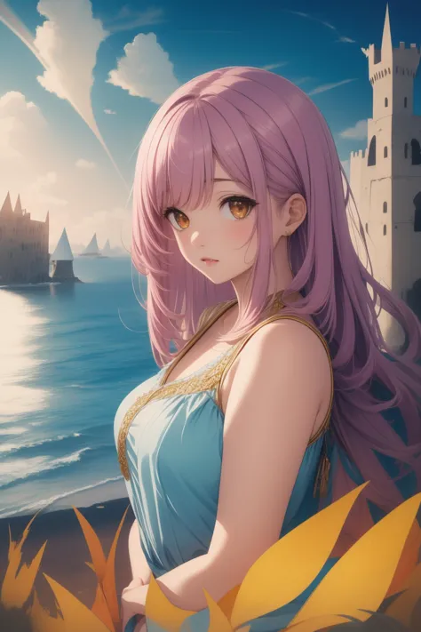 a woman with long purple hair standing in front of a castle