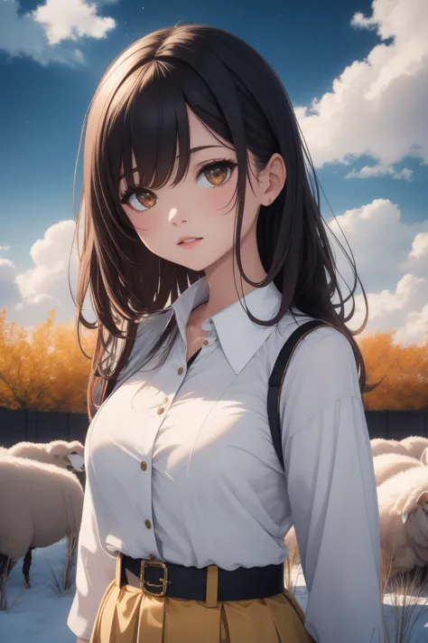 anime girl with long hair and white shirt standing in front of sheep