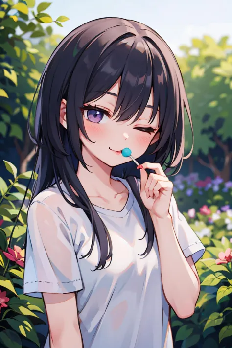 (masterpiece), best quality, high resolution, highly detailed, detailed background, perfect lighting, 1girl, garden, upper body, wink with one eye closed, holding while licking a lollipop