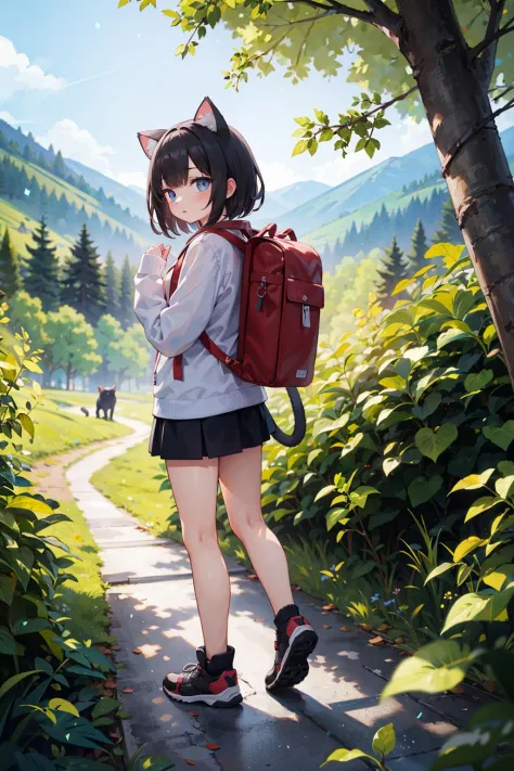 (masterpiece), best quality, high resolution, highly detailed, detailed background, perfect lighting, 1girl, cat ears, backpack,...