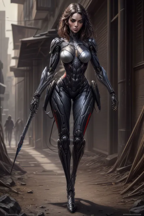 a woman in a futuristic suit walking down a street