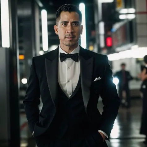 arafed man in a tuxedo standing in a subway station