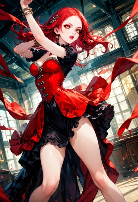 a woman in a red dress is dancing with red fabric