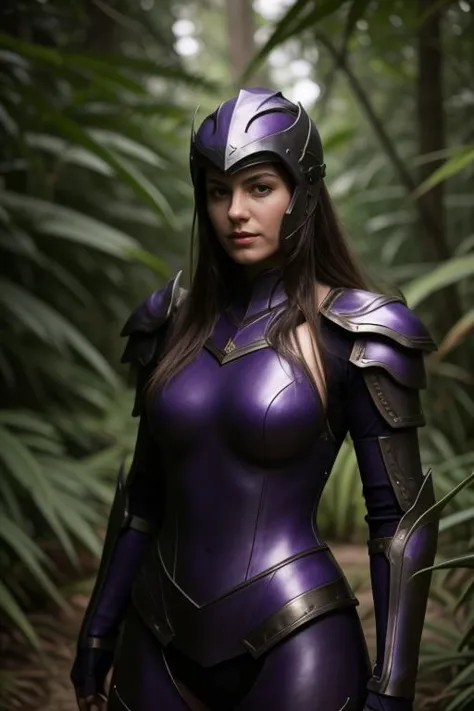 a woman in a purple suit and helmet standing in a forest