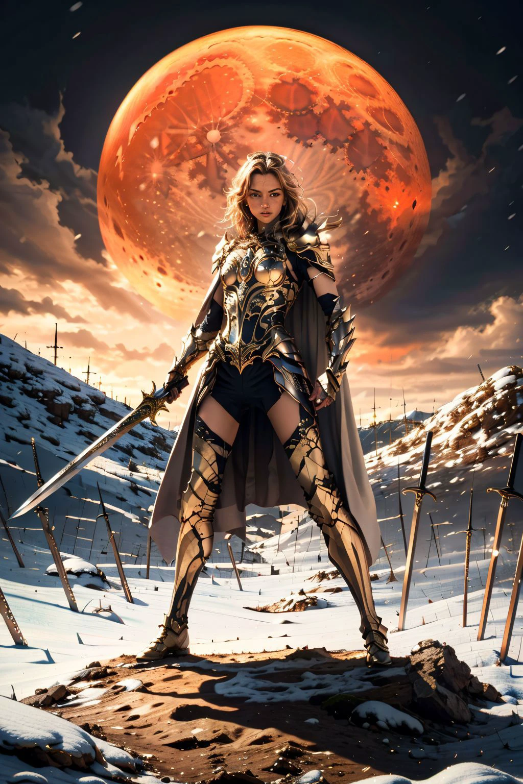 HXARMOUR,1girl,full_body,looking at viewer,HDR,UHD,8K,highres,realistic,masterpiece,light_rays,rim light,metallic luster,red cape,(planted:1.1),(planted sword:1.2),snow,gears,outdoors,fighting stance,field of blades,blood on clothes,blood splatter,blood on weapon,red moon,, (masterpiece, best quality, high quality, highres, ultra-detailed),