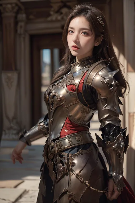 a woman in a silver armor standing in a building