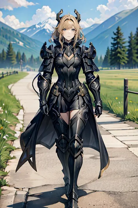 a woman in armor walking down a path in a field