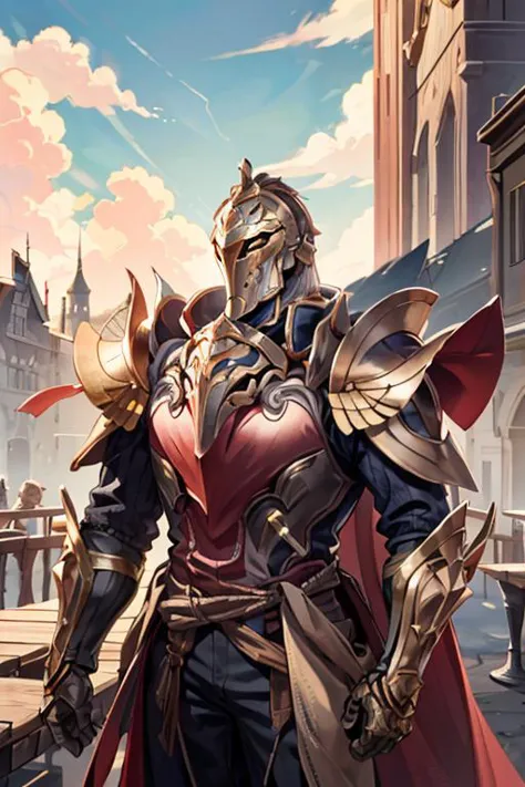 a woman in armor standing on a bridge with a sword