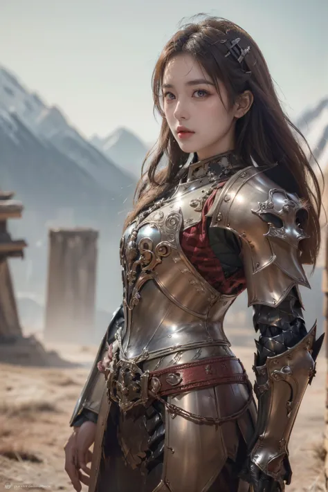 a woman in armor standing in front of a mountain