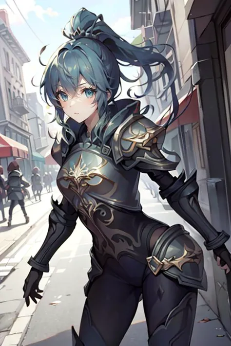 a woman in armor walking down a street next to a building