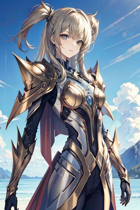 a woman in armor standing on a beach with a sky background