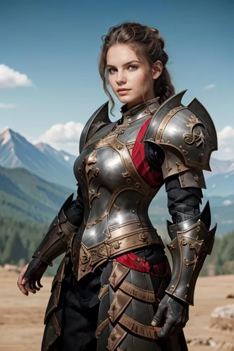 <lora:HXarmour_019:0.7>,(Feminine Pose:1.3),hxarmour,1girl,mountain,(yellow armour:1.3),