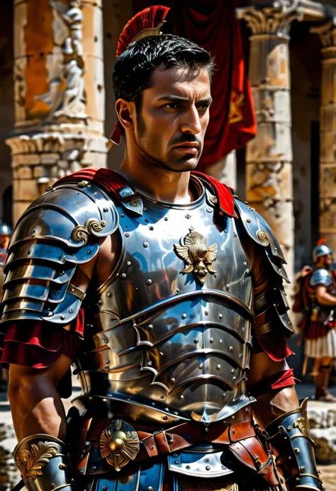 a Roman soldier in full armor,standing tall with a serious expression on his face. on the background  military,((masterpiece)),(...