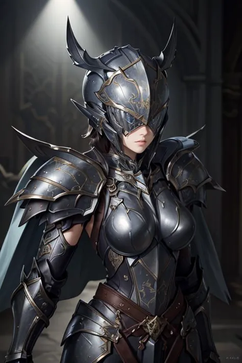 a woman in armor poses for a photo in a dark room