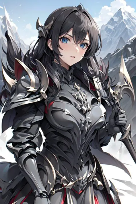 a close up of a person with a sword in a snowy area