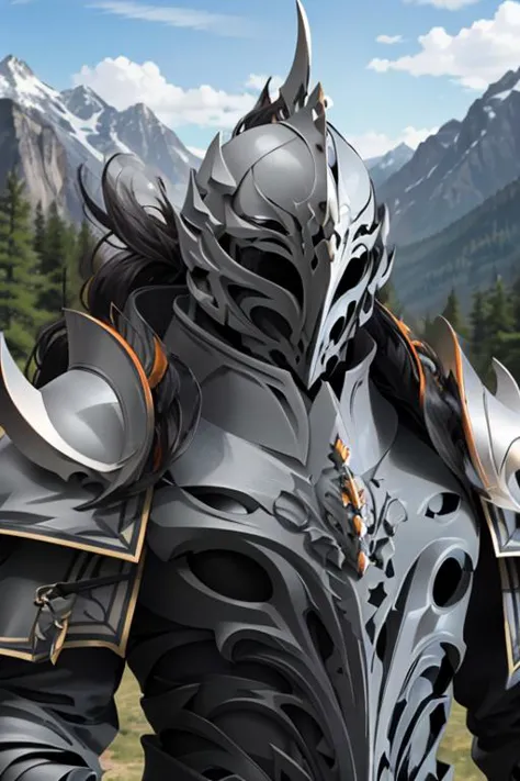 a close up of a person in armor with a mountain in the background