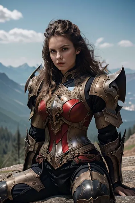 a woman in armor sitting on a rock with mountains in the background