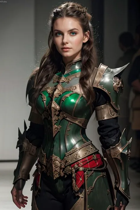 <lora:HXarmour_019:0.8>,(fashion modeling pose:1.3),hxarmour,1girl,mountain,(green armour:1.3),