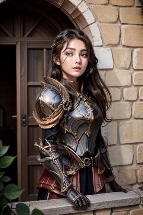 a woman in armor poses for a picture in front of a stone building