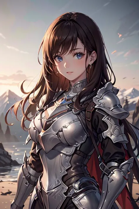 a woman in armor standing on a beach with mountains in the background