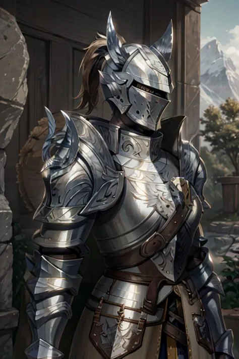 a close up of a person in armor standing in front of a building