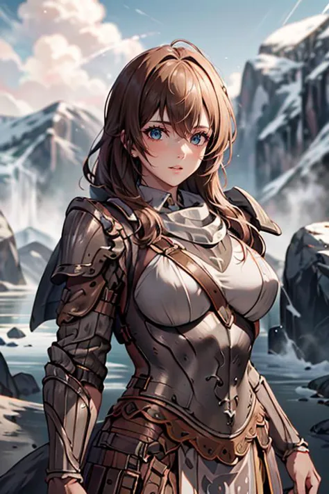 a woman in armor standing in front of a mountain