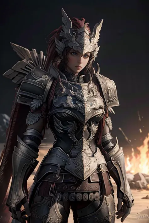 a woman in armor standing in front of a fire