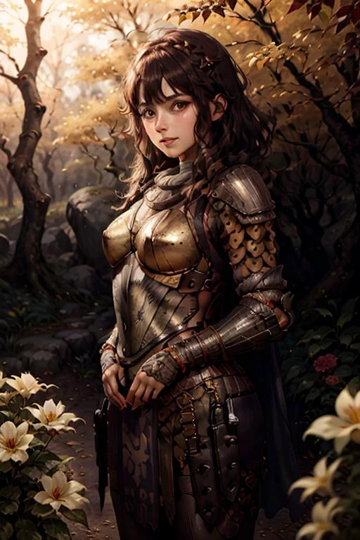 charming, 1girl, sunny day in a fantasy meadow with (colorful trees and flowers:1.6), (golden armor:1.6) ((masterpiece)), ((best quality)), 8k, epiCPhoto OverallDetail  HXarmour, looking at viewer, ((hands behind back)), sharp focus 