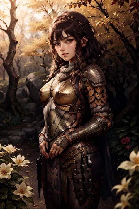 charming, 1girl, sunny day in a fantasy meadow with (colorful trees and flowers:1.6), (golden armor:1.6) ((masterpiece)), ((best...