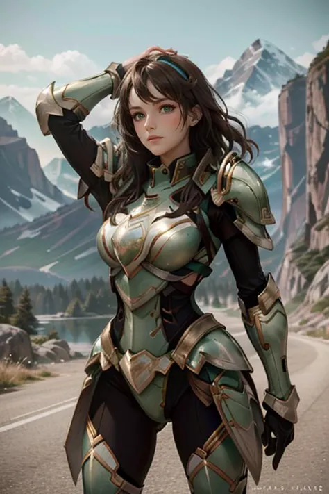 a woman in armor standing on a road with mountains in the background