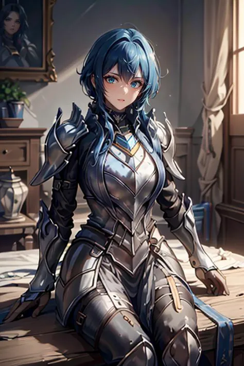 a woman in armor sitting on a table with a sword