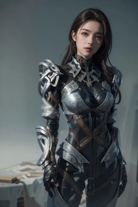 a woman in armor poses for a photo in a studio