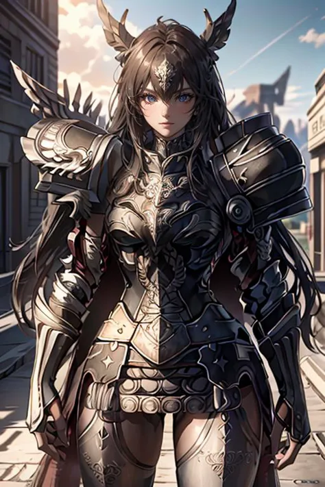 a woman in armor standing on a street with a sword