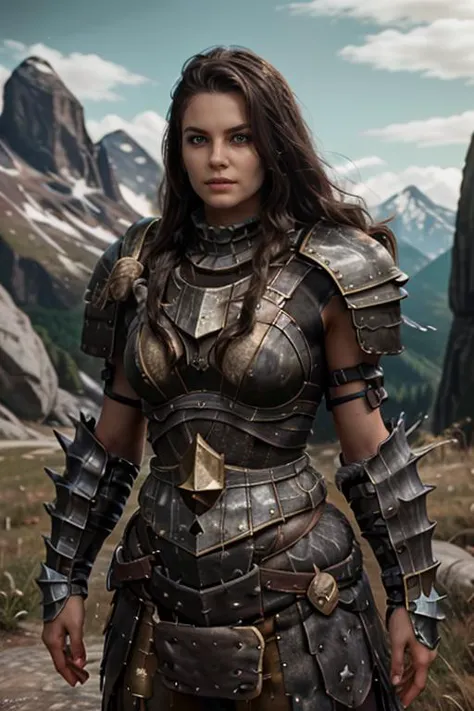 a woman in armor standing in a field with mountains in the background