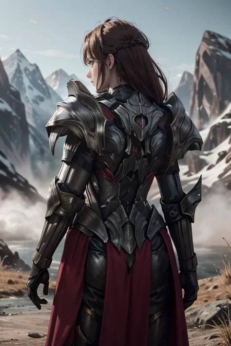 a woman in armor standing in front of a mountain