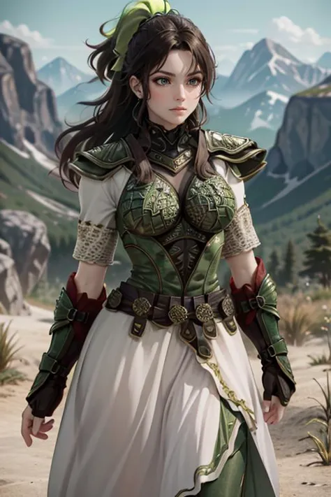 <lora:HXarmour_046:0.9>,mountain,fashion modeling pose,, hxarmour,1girl,(light green armour:1.3),, ultra-detailed,extremely deli...