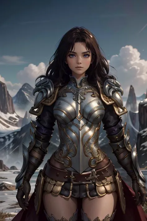 a woman in armor standing in front of a mountain