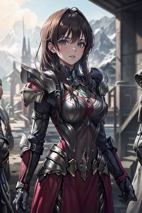 a woman in armor standing in front of a group of people