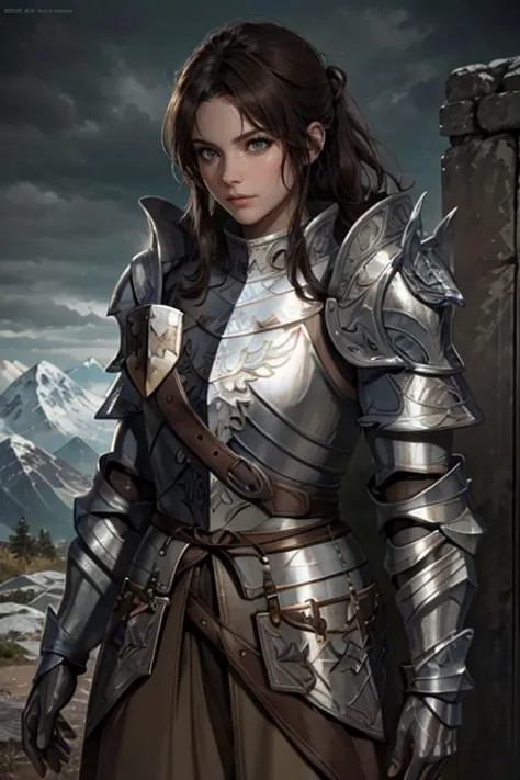 a woman in armor standing in front of a mountain