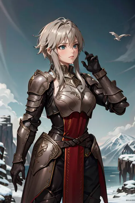 a woman in armor standing in front of a snowy mountain