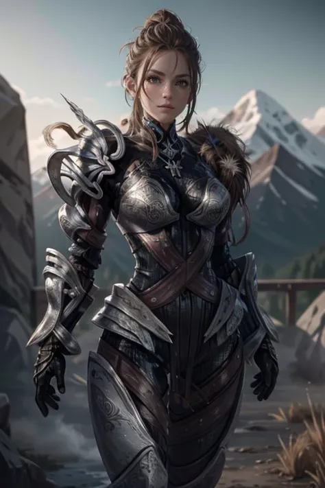 a woman in armor standing in front of a mountain