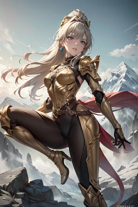 a woman in a gold outfit and red cape is standing on a mountain